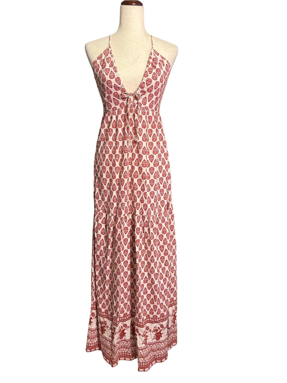 NWT Sim & Sam Linen Blend Boho Maxi Dress Rust Print Size Small